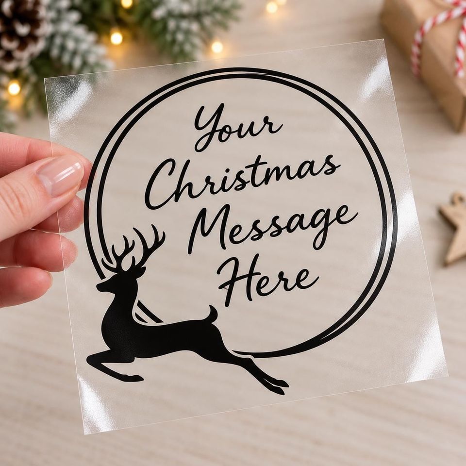 Clear vinyl decal reading “Your Christmas Message Here” in a circle with a leaping reindeer