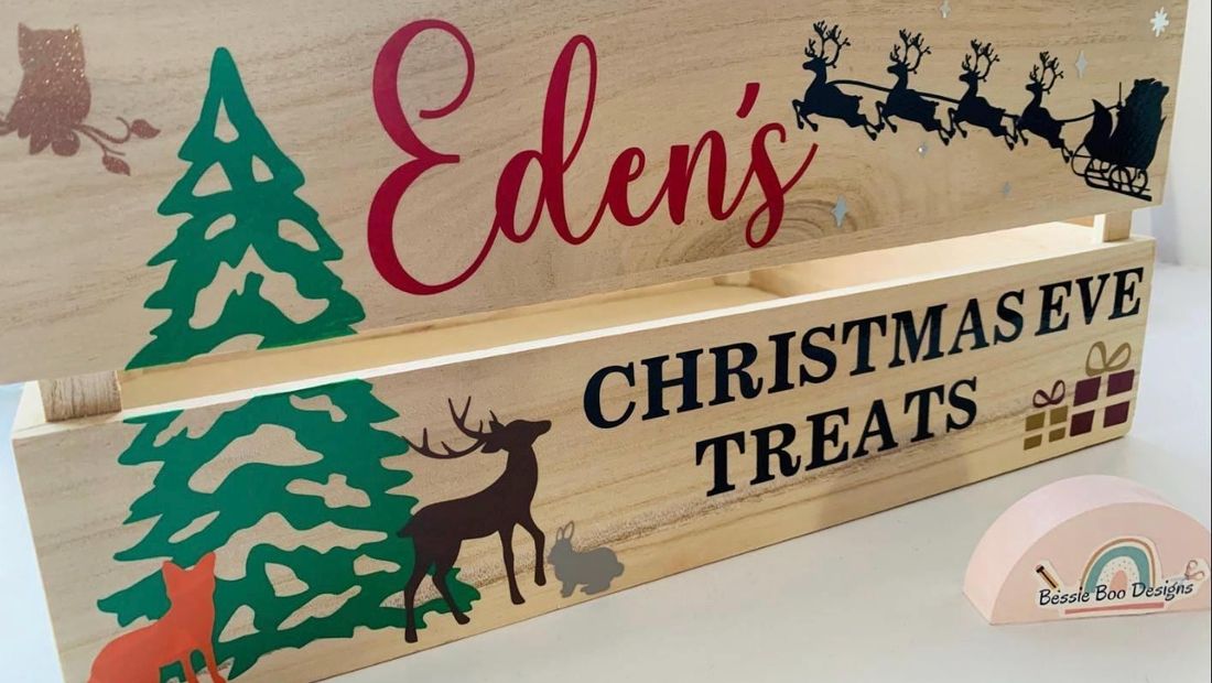 Woodland Christmas decals reading “Eden’s Christmas Eve Treats” applied to a wooden crate. Decal only, crate not included