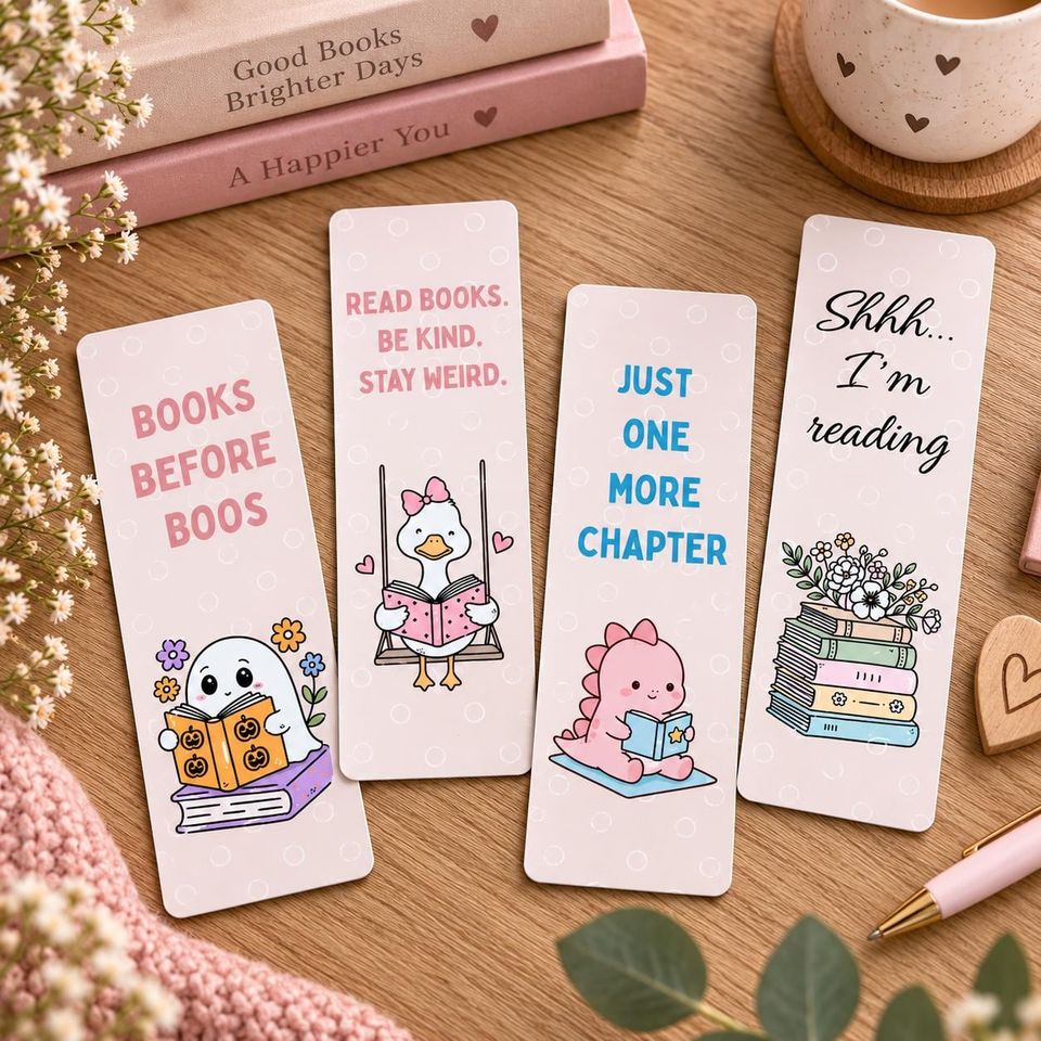Four pastel bookmarks: “Books before boos”, “Read books. Be kind. Stay weird.”, “Just one more chapter” and “Shhh… I’m reading”