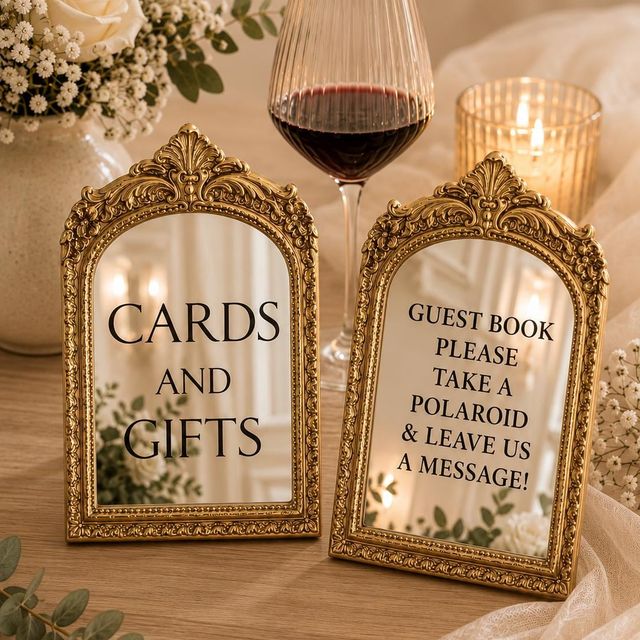 Two small gold-framed mirrors lettered “Cards and Gifts” and “Guest book, please take a polaroid”
