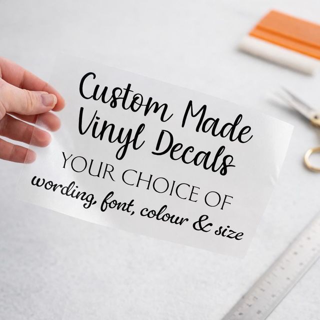 Clear vinyl decal sample reading “Custom made vinyl decals, your choice of wording, font, colour and size”