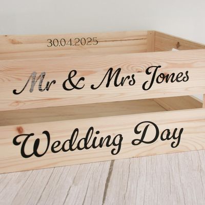Wooden crate lettered “30.04.2025, Mr & Mrs Jones, Wedding Day”