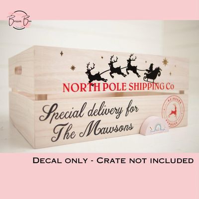 Decals reading “North Pole Shipping Co, Special delivery for The Mawsons” on a wooden crate. Decal only, crate not included