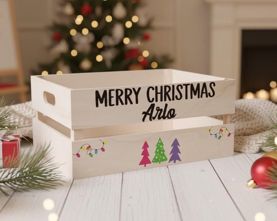 Wooden crate lettered “Merry Christmas Arlo” with pink, green and purple Christmas trees
