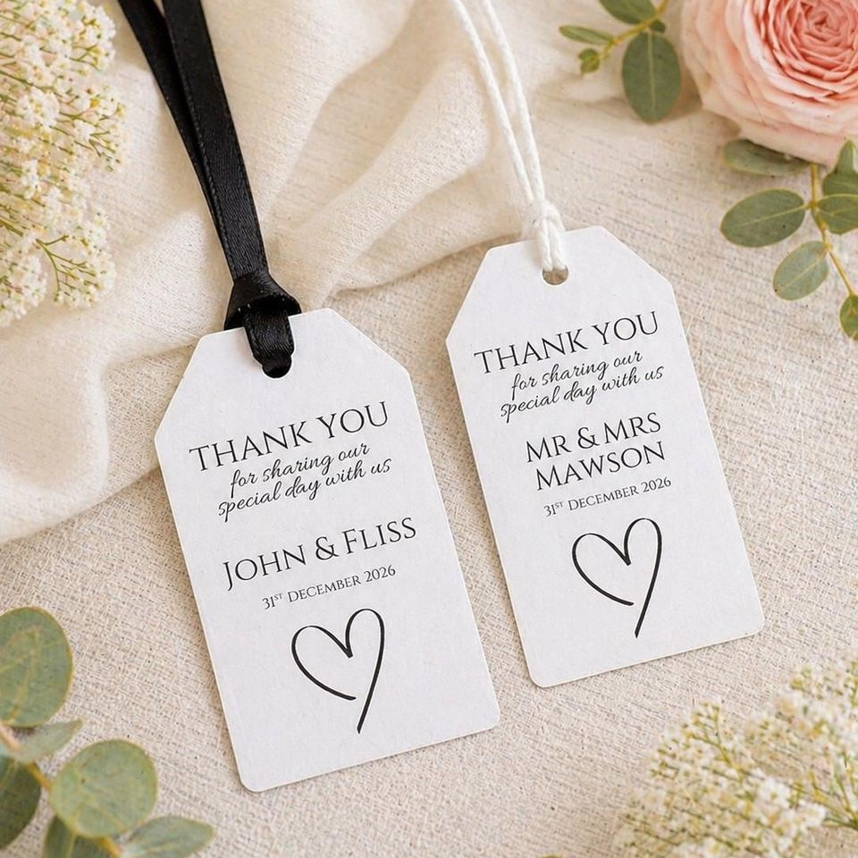 Two white thank-you tags with black ribbon, personalised “John & Fliss” and “Mr & Mrs Mawson”