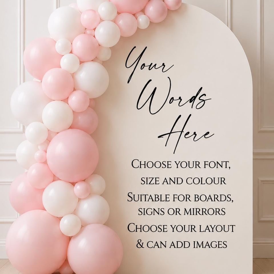 White arched board with “Your words here” lettering beside pink balloons