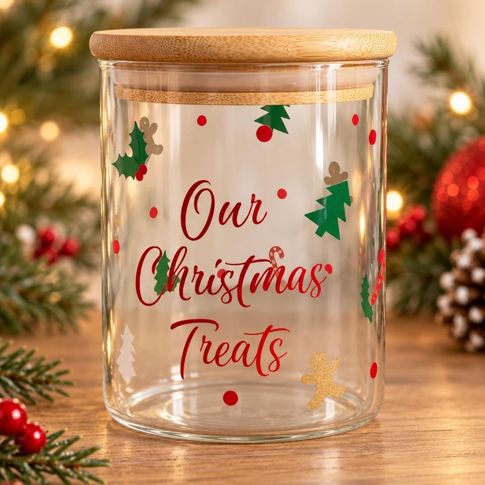 Glass jar lettered “Our Christmas Treats” in red with holly and Christmas trees