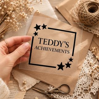 Clear vinyl decal reading “Teddy’s Achievements” in a frame of stars