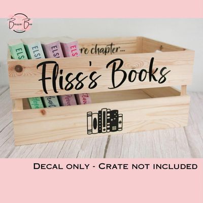 Decals reading “Fliss’s Books” on a wooden crate of books. Decal only, crate not included