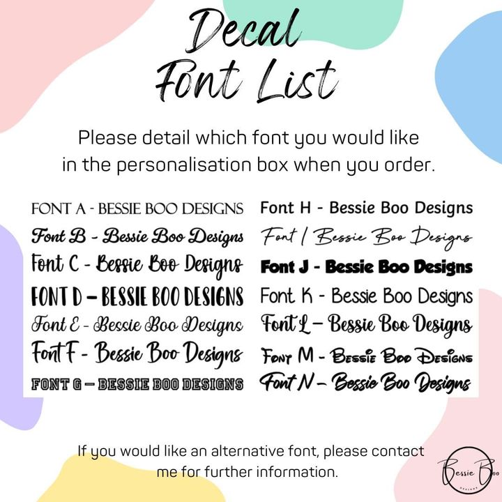 Decal font list, fonts A to N