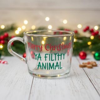 “Merry Christmas ya filthy animal” glass mug: listing photo 2