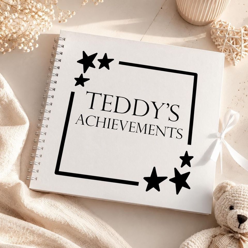 White memory book with a “Teddy’s Achievements” decal in a star frame