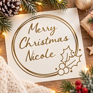 Gold decal reading “Merry Christmas Nicole” with holly
